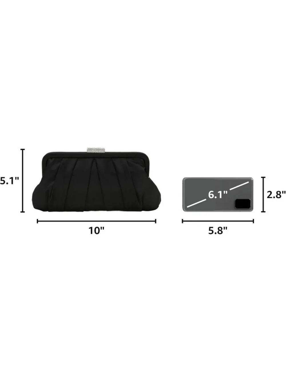 Women's Black Classic Pleated Satin Clutch Purse Diamante Formal Evening Bag